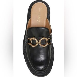 Circus by Sam Edelman Black Leather Loafer Mule with Gold Chain Detail